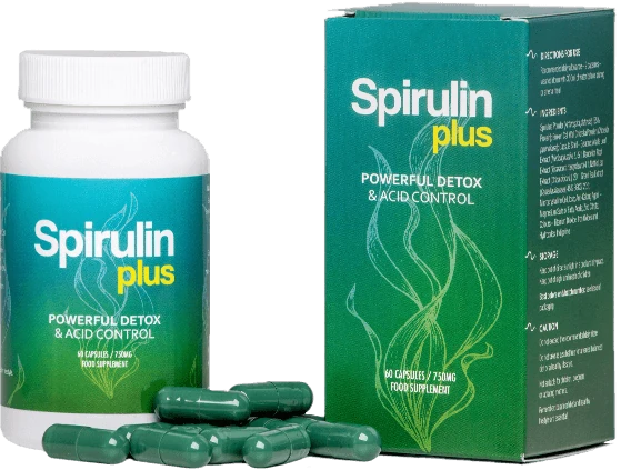 Envase de Spirulin Plus destacado en la parte superior de la página